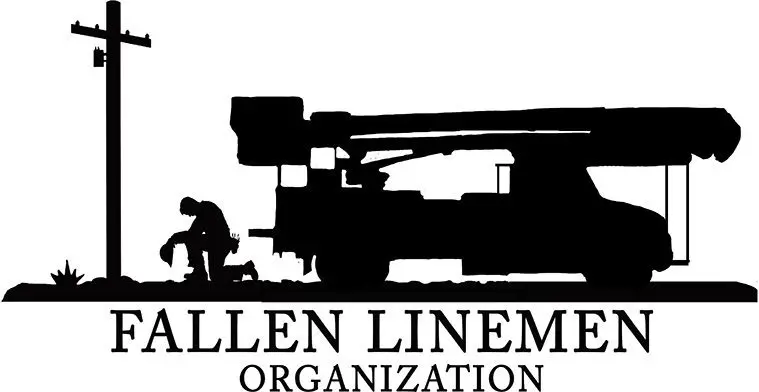 Silhouette of a utility truck and worker kneeling by a power pole. Text reads "Fallen Linemen Organization.