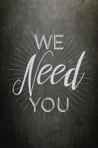 weNeedYou Chalkboard-style text reading "We Need You" with a starburst design in the background.
